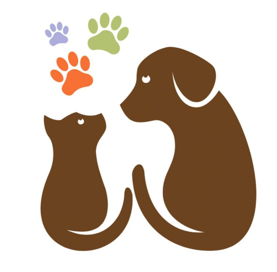 brand logo with white dog and cat silhouettes beneath three colorful paw prints